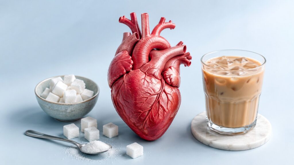 How sugar affects heart health with sugar cubes, teh tarik and a heart illustration