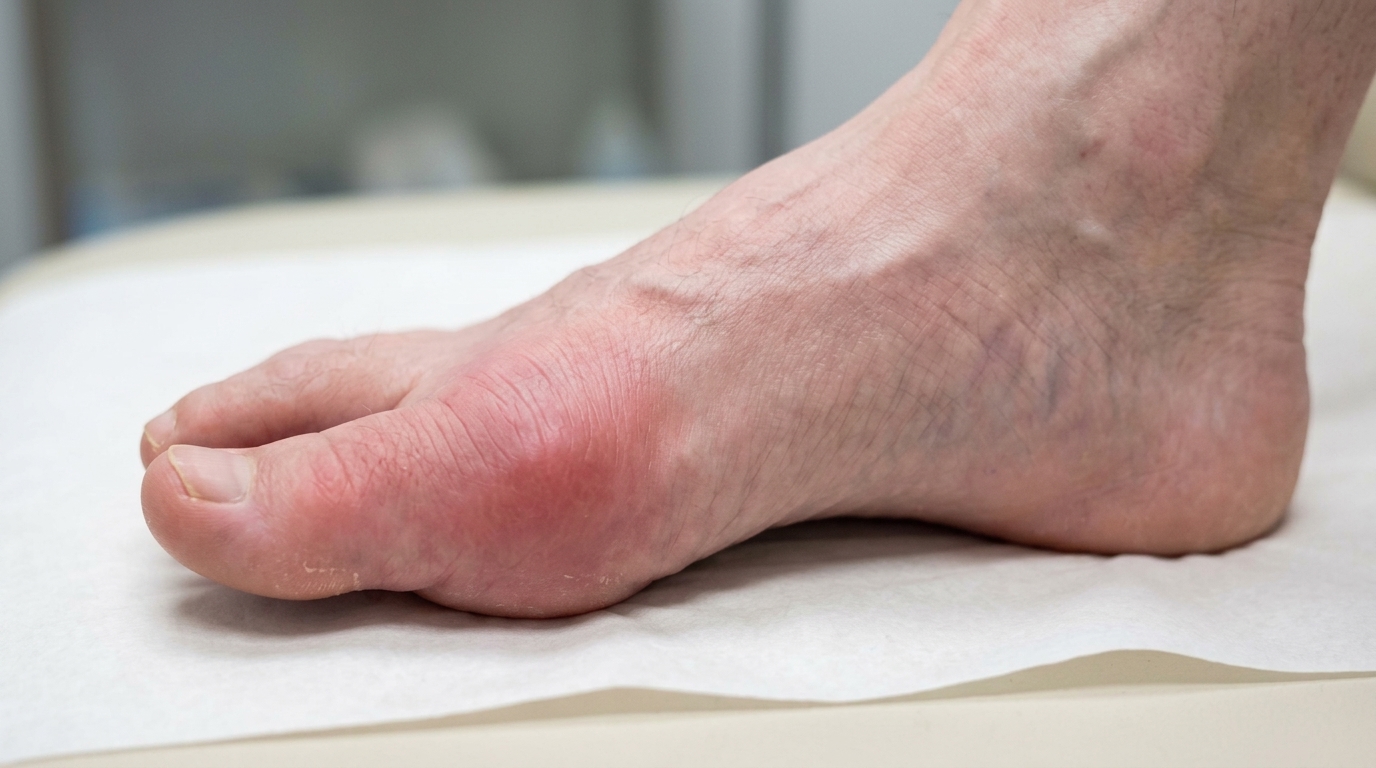 Close-up view of a patient's foot resting on medical paper, showing a swollen, red, and inflamed metatarsophalangeal joint typical of an acute gout flare.